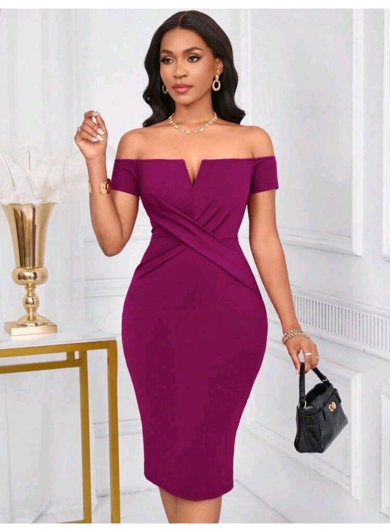 SHEIN Lunessa Women's Off-The-Shoulder V-Neck Fitted Bodycon Dress - Image 3
